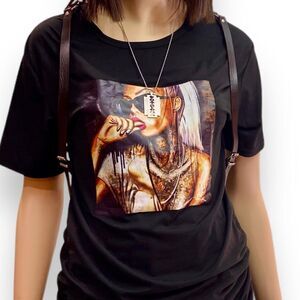 Black Short Sleeve Edgy Graphic Tee T Shirt NEW